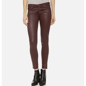 AG Leatherette Ankle Super Skinny Ankle Coated Burgundy Jeans 27 R